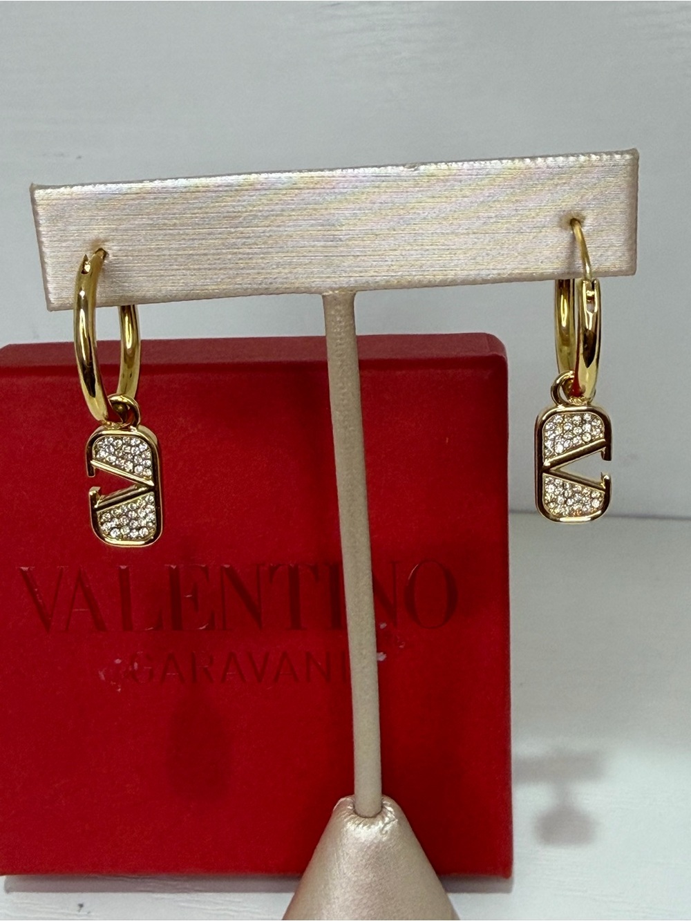 VALENTINO Gold Hoop Earrings with Crystal Logo Charms